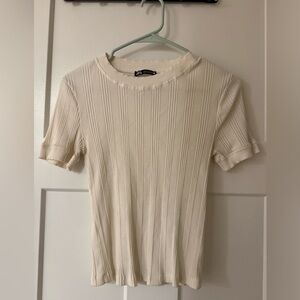 Zara Cream Ribbed Short Sleeve Top